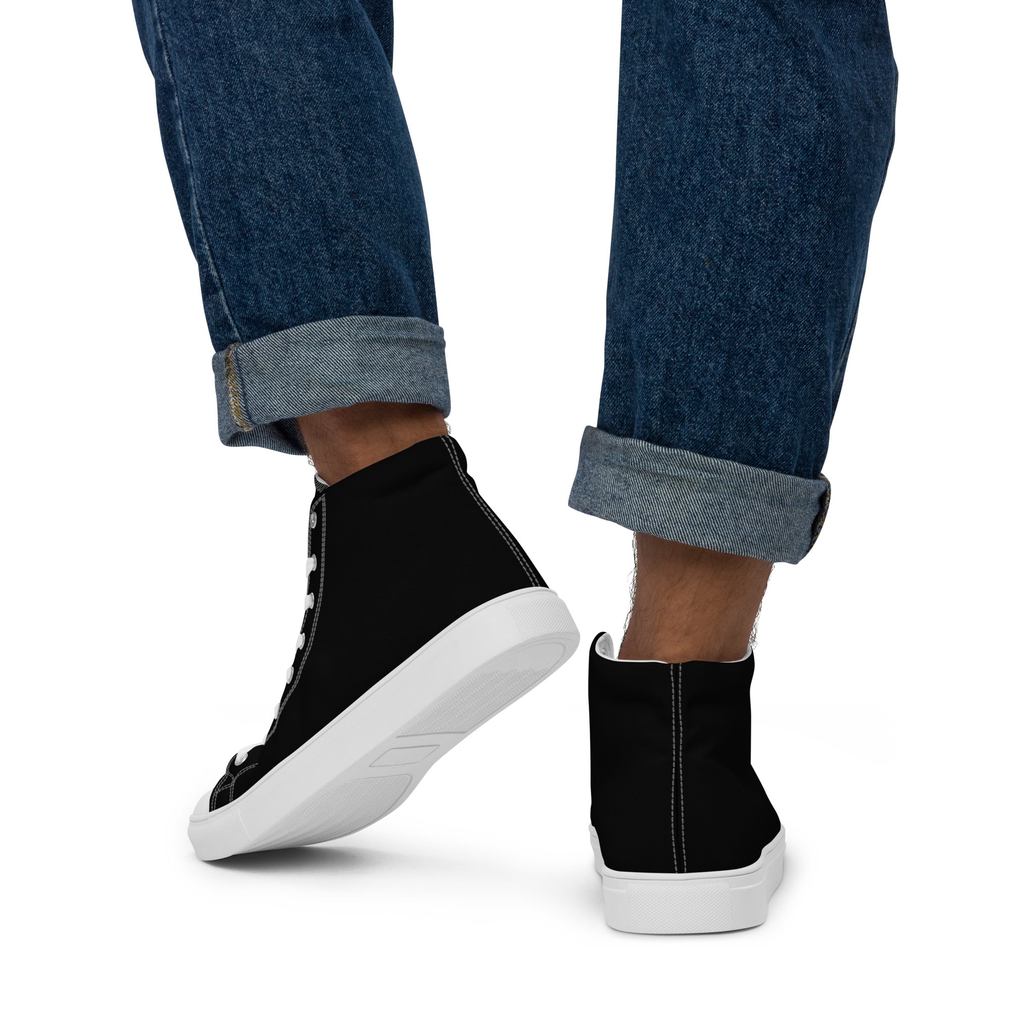 Anacotte men's high top canvas shoes in black, showing the back view with white soles and stylish design details.