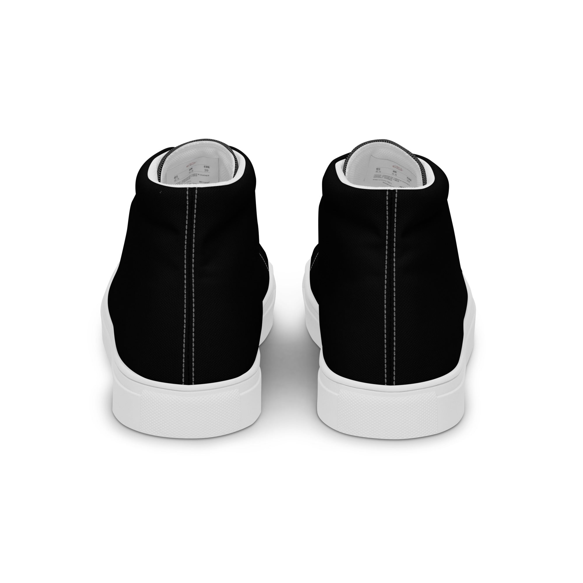 Black Anacotte men's high top canvas shoes with white soles, shown from the back view.