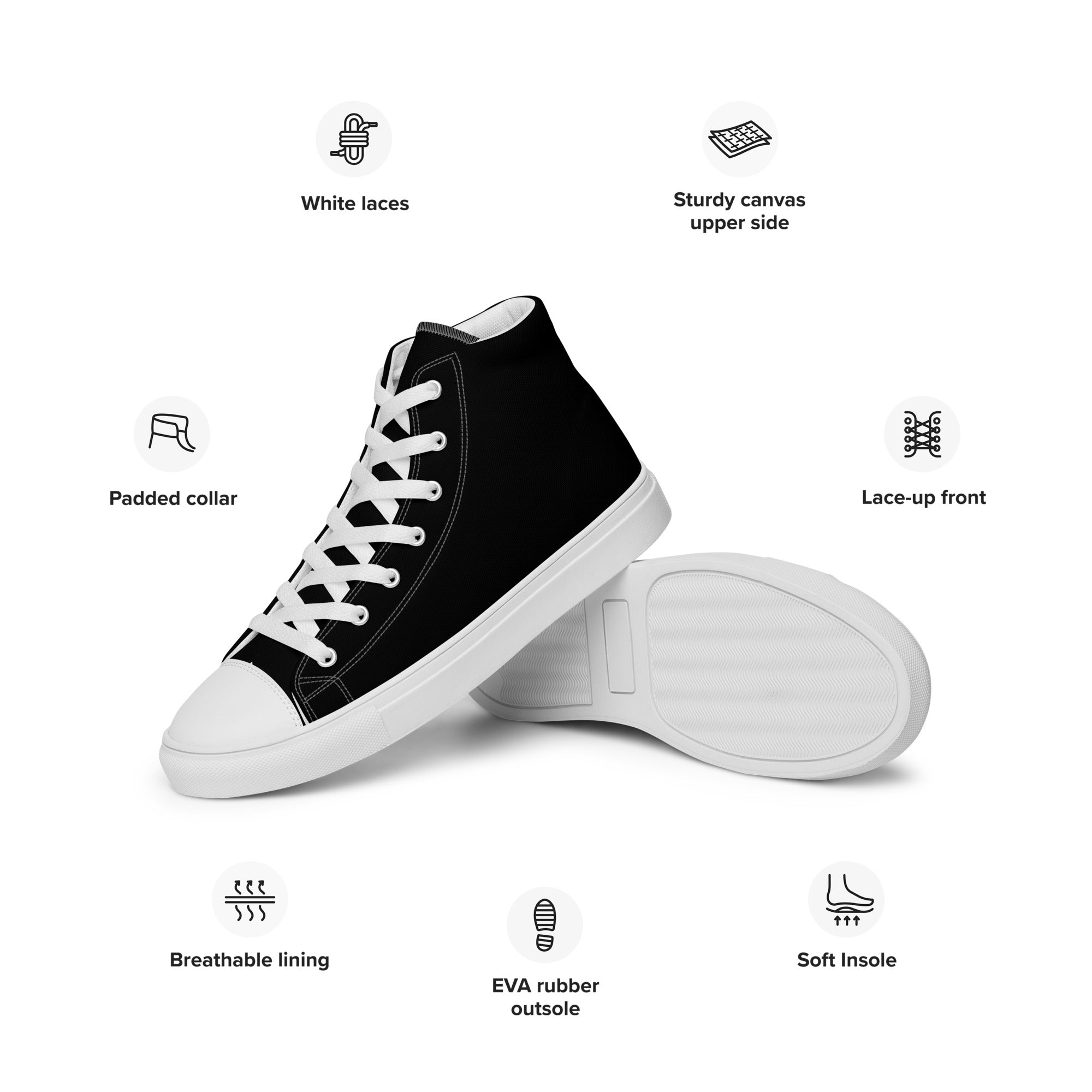 Black Anacotte men's high-top canvas shoes, side view showing classic design and white sole on a white background.